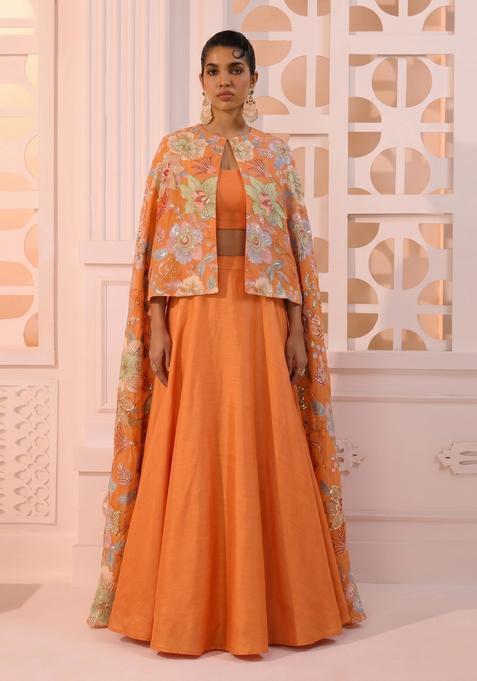 Bright Orange Printed Organza Lehenga Set