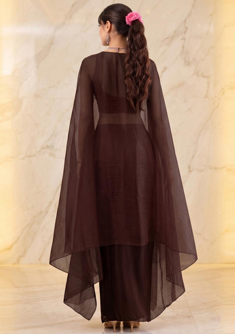 Chocolate Brown Embroidered Handwork Fusion Set - Indya