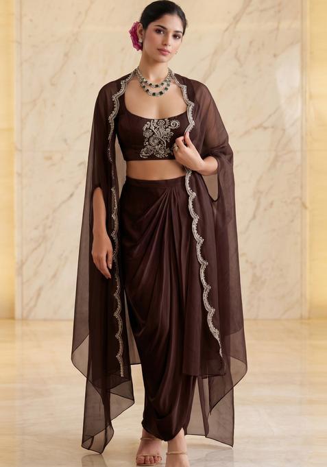 Chocolate Brown Embroidered Handwork Fusion Set