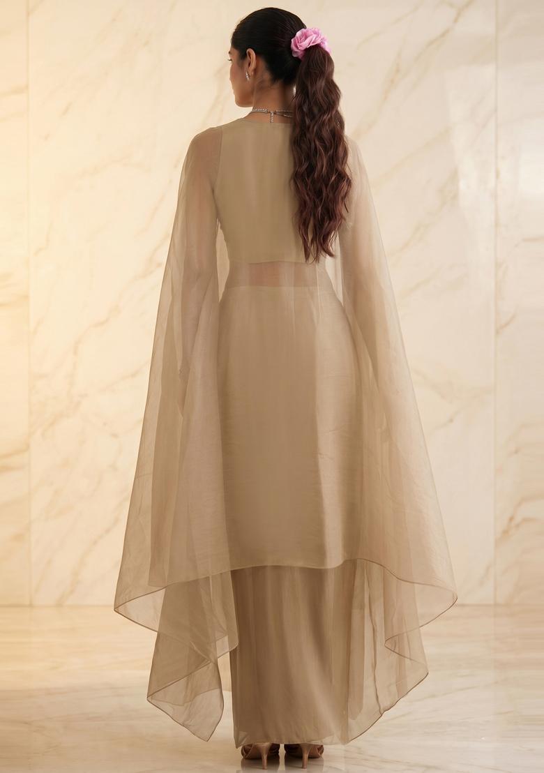Champagne Beige Embroidered Handwork Fusion Set - Indya