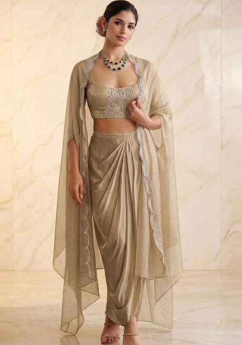 Champagne Beige Embroidered Handwork Fusion Set