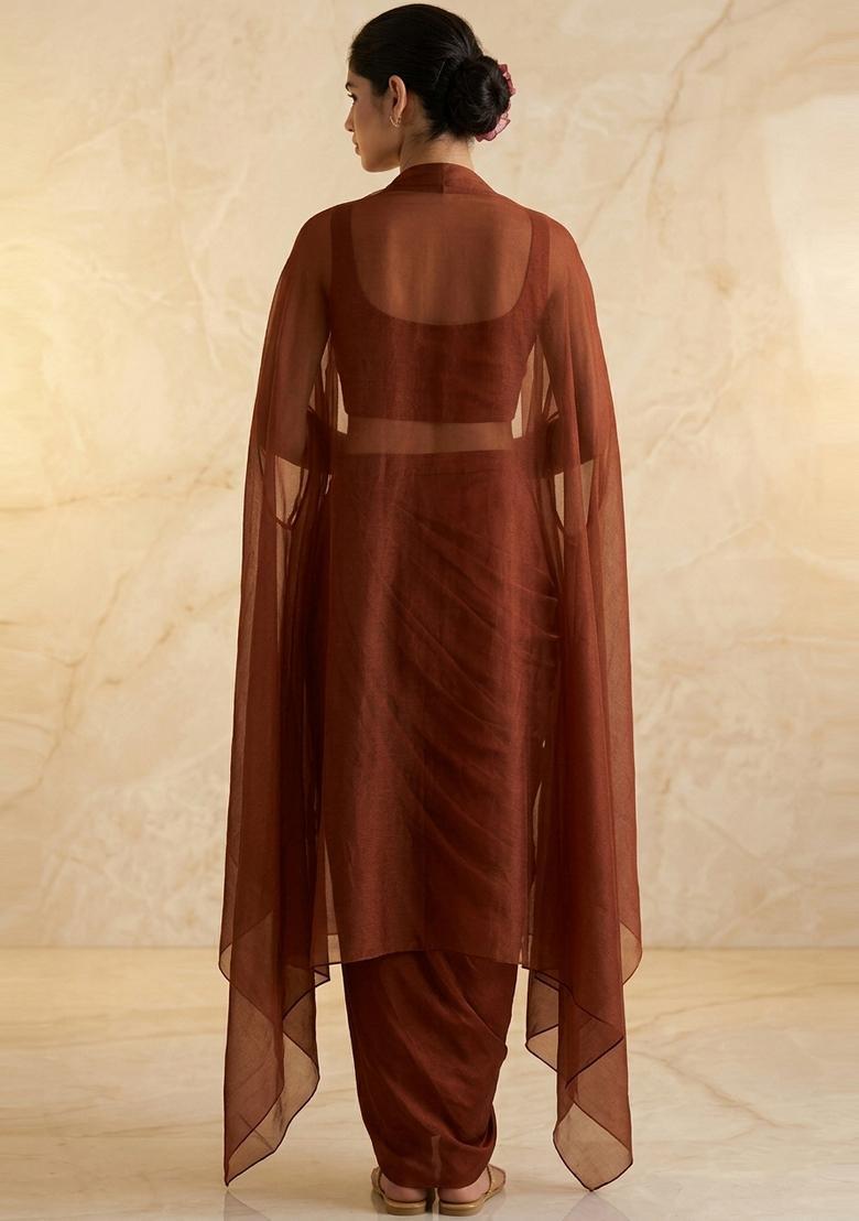 Copper Brown Embroidered Handwork Fusion Set - Indya
