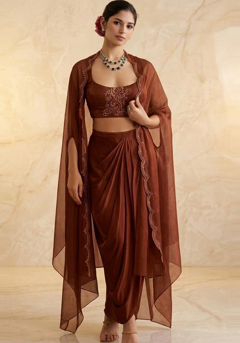 Copper Brown Embroidered Handwork Fusion Set