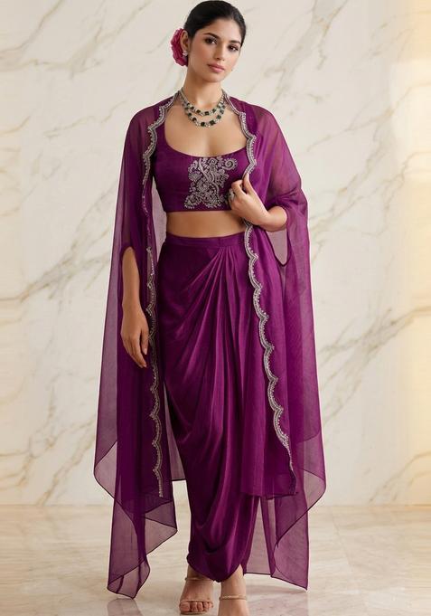 Magenta Embroidered Handwork Fusion Set
