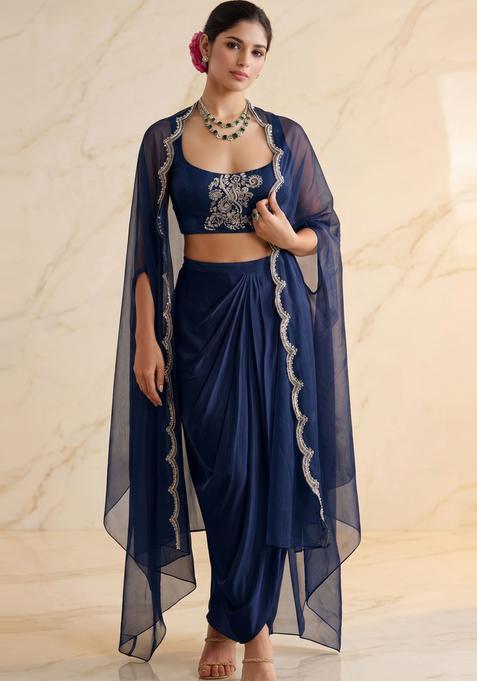 Navy Blue Embroidered Handwork Fusion Set