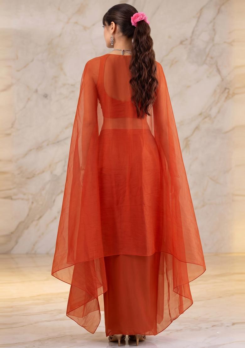 Burnt Orange Embroidered Handwork Fusion Set - Indya