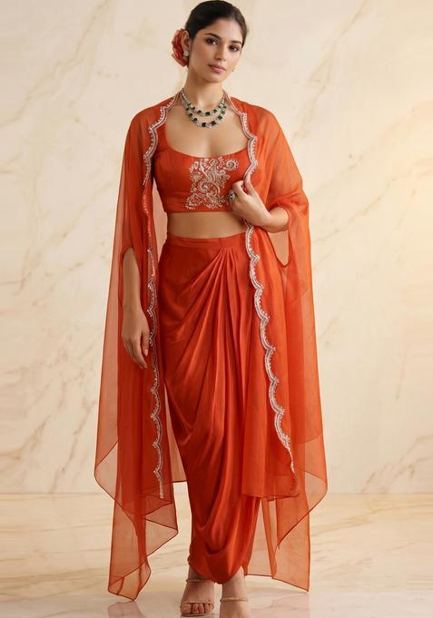 Burnt Orange Embroidered Handwork Fusion Set