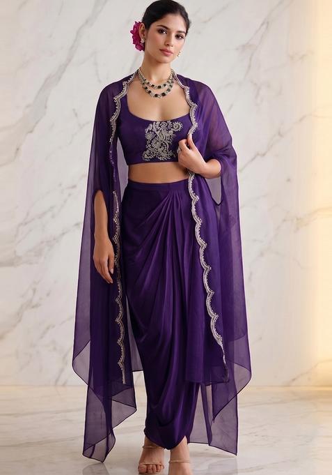 Deep Purple Embroidered Handwork Fusion Set