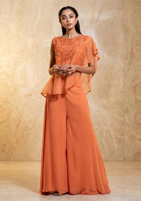 Peach Embroidered Handwork Fusion Set
