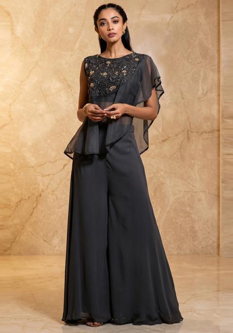 Charcoal Grey Embroidered Handwork Fusion Set