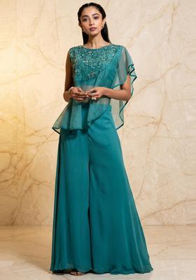 Teal Green Embroidered Handwork Fusion Set