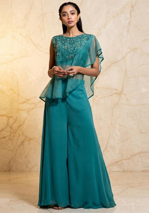Teal Green Embroidered Handwork Fusion Set
