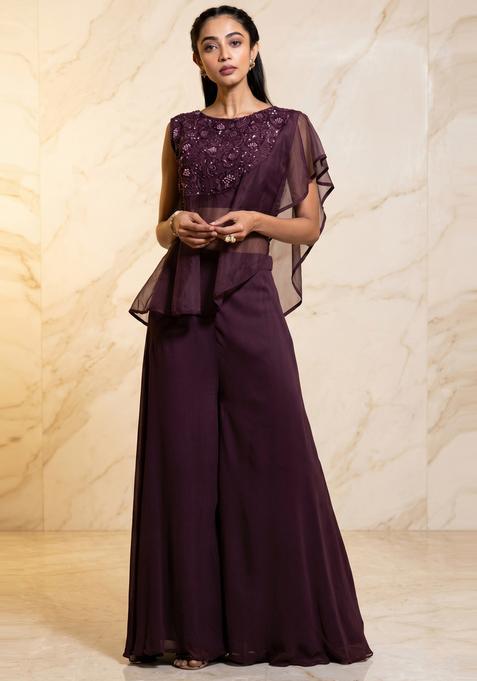 Deep Plum Embroidered Handwork Fusion Set