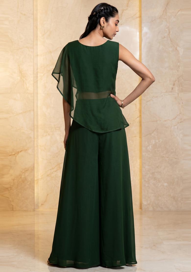 Forest Green Embroidered Handwork Fusion Set - Indya