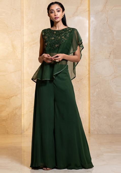 Forest Green Embroidered Handwork Fusion Set