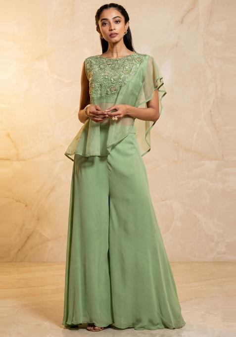 Pastel Green Embroidered Handwork Fusion Set