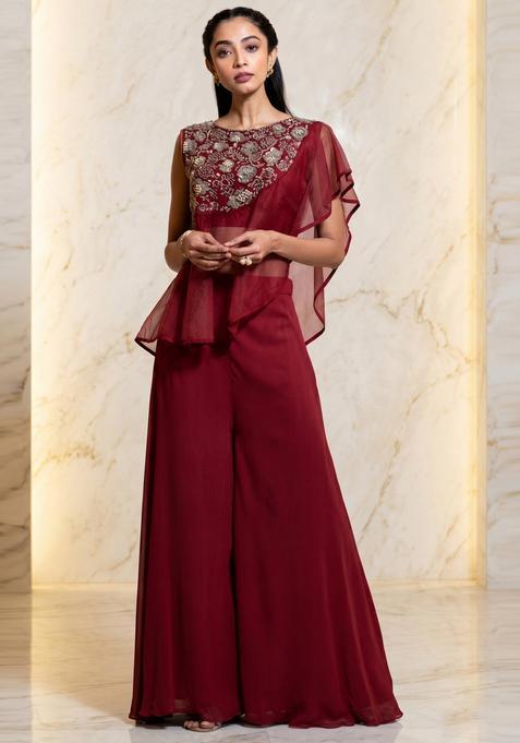 Maroon Embroidered Handwork Fusion Set