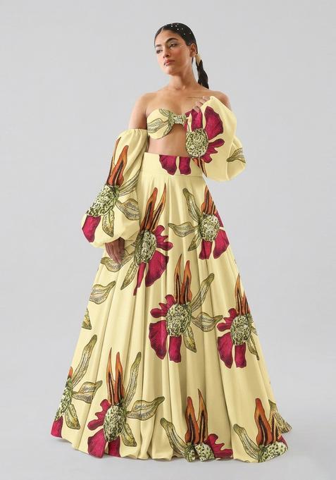 Pastel Yellow Printed Georgette Lehenga Set