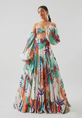 Multicolor Printed Georgette Lehenga Set