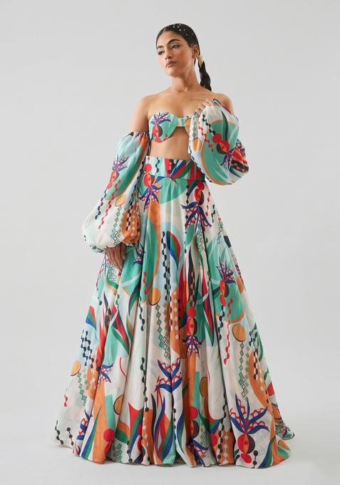 Multicolor Printed Georgette Lehenga Set