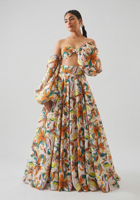 Multicolor Printed Georgette Lehenga Set