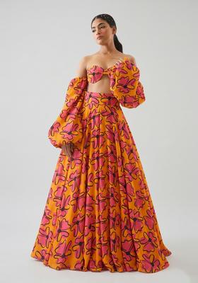 Orange Pink Printed Georgette Lehenga Set