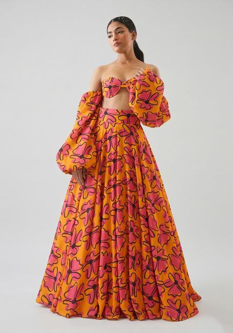 Orange Pink Printed Georgette Lehenga Set