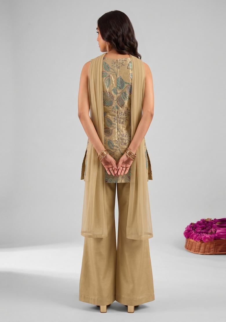 Beige Embroidered Tissue Fusion Set - Indya