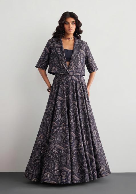 Black Printed Crepe Fusion Set