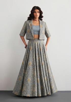Steel Grey Printed Crepe Fusion Set