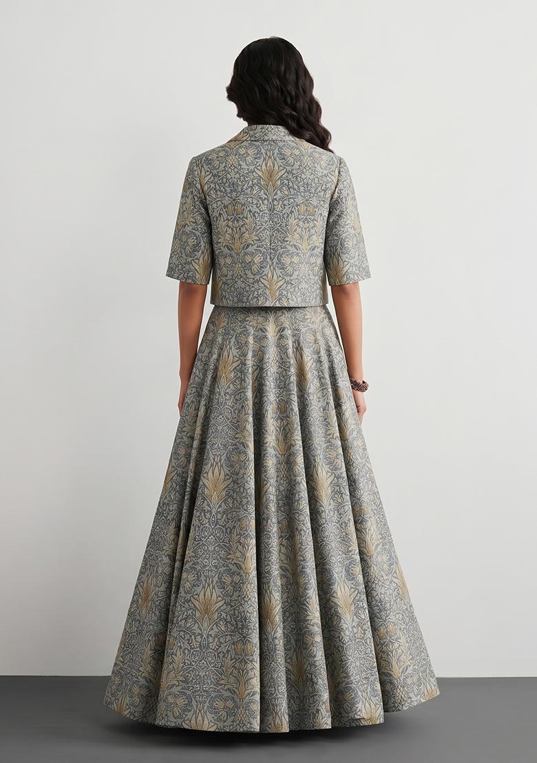 Steel Grey Printed Crepe Fusion Set - Indya