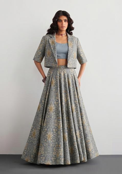 Steel Grey Printed Crepe Fusion Set