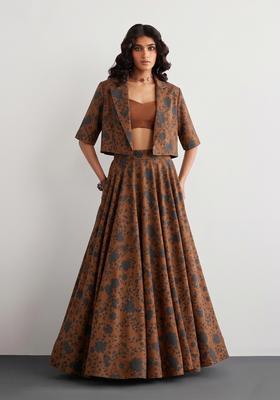 Chocolate Brown Printed Crepe Fusion Set