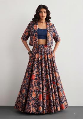 Midnight Blue Printed Crepe Fusion Set