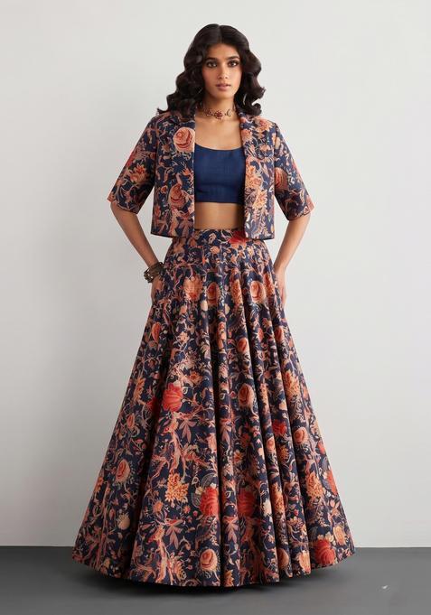 Midnight Blue Printed Crepe Fusion Set