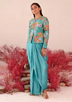 Turquoise Embroidered Crepe Fusion Set
