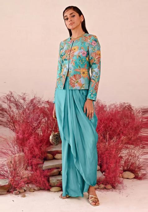 Turquoise Embroidered Crepe Fusion Set
