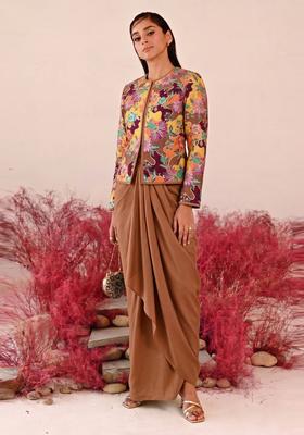 Brown Printed Crepe Fusion Set