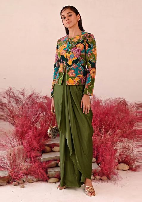 Olive Green Printed Crepe Fusion Set