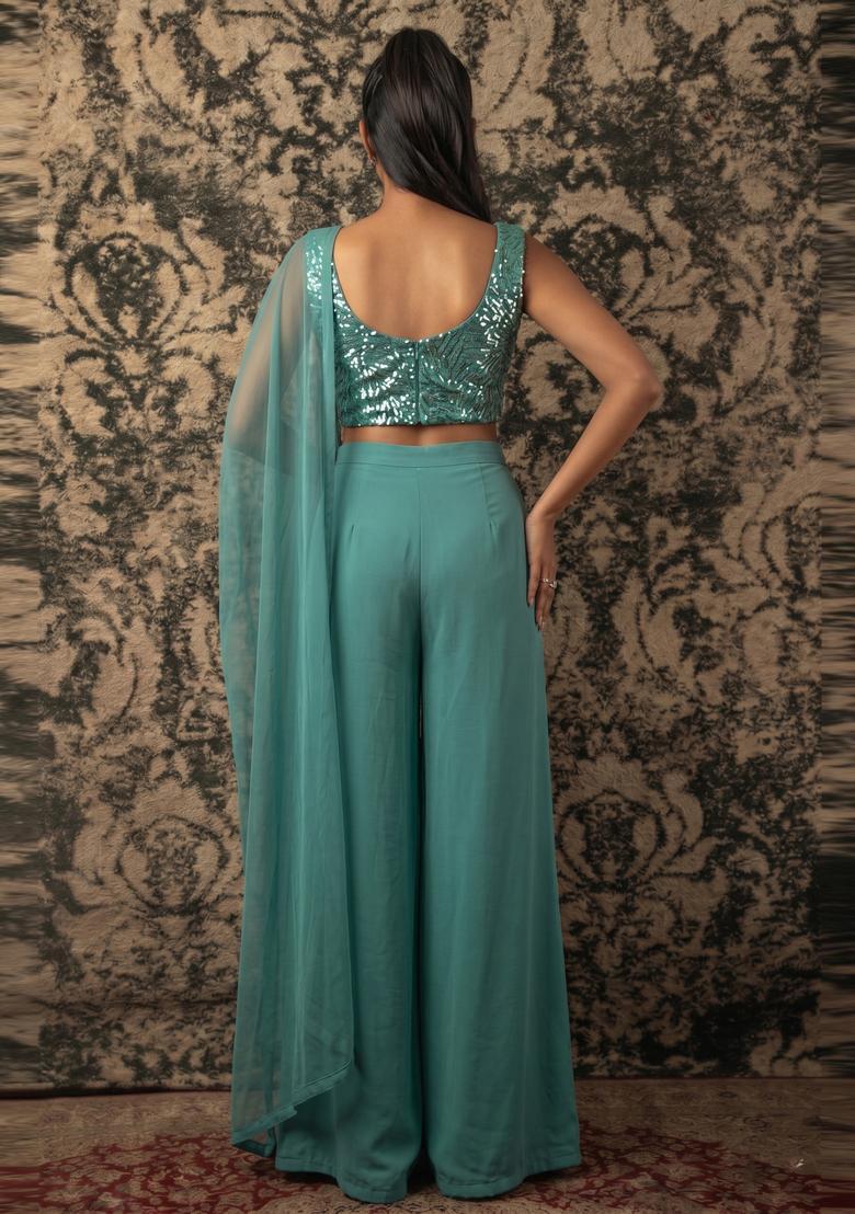 Teal Green Embroidered Net Fusion Set - Indya