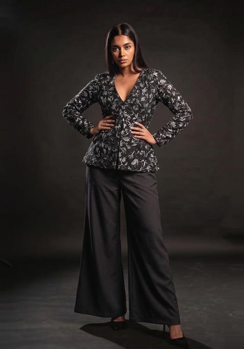 Black Embroidered Net Fusion Set