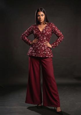 Maroon Embroidered Net Fusion Set