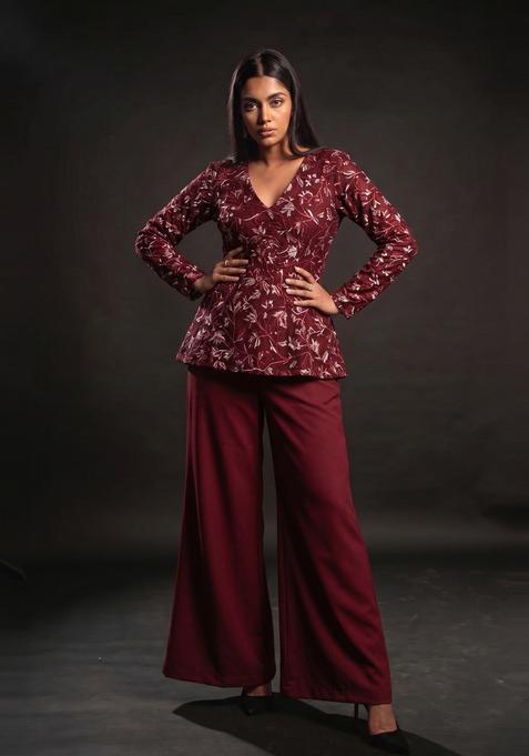 Maroon Embroidered Net Fusion Set