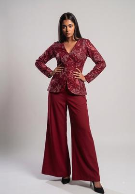 Maroon Embroidered Net Fusion Set