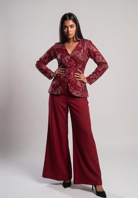 Maroon Embroidered Net Fusion Set