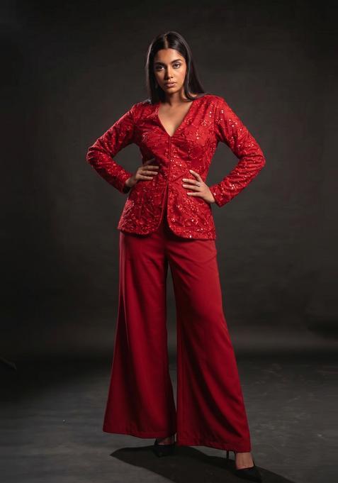 Red Embroidered Net Fusion Set