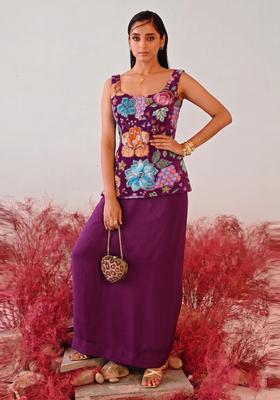 Deep Purple Printed Crepe Fusion Set