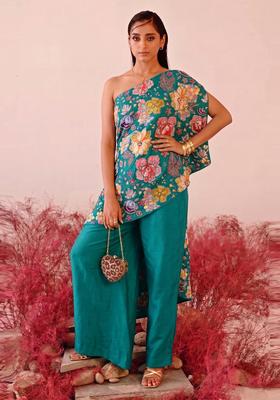Teal Printed Crepe Fusion Set
