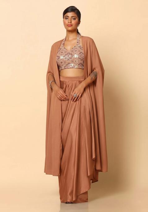 Brown Sequin Net Fusion Set