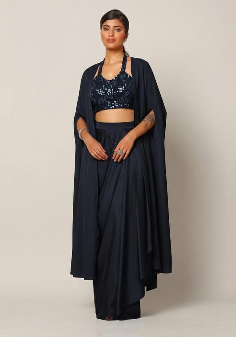 Navy Blue Sequin Net Fusion Set